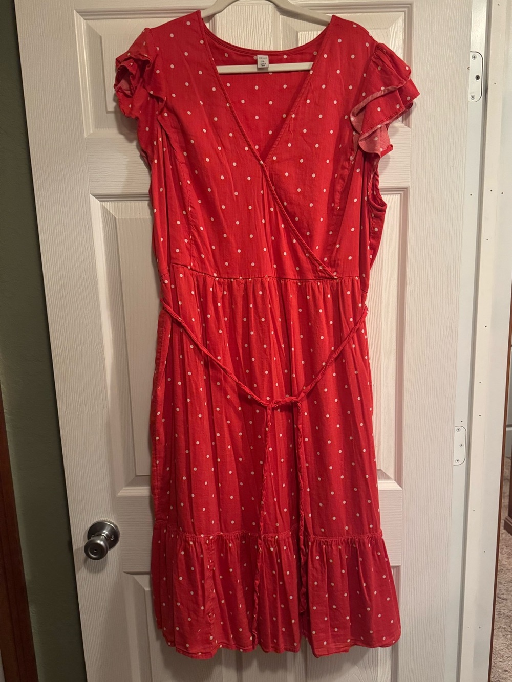 Old Navy Sz XXL Red Coral Polka Dot Faux Wrap Midi Dress w/ snap, belt